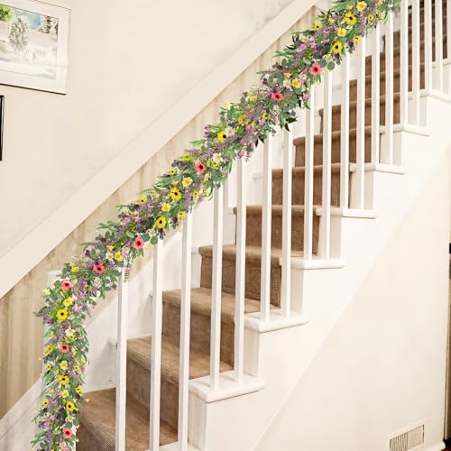 6 ft Spring Artificial Wildflower Garland Wisteria Lavender Garland Daisy and Lavender Faux Floral Vine Summer Floral Fake...