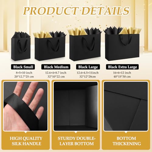 Epoesch Black Small Gift Bags with Handles and Tissue Paper, 8x5x10 Inch 4 Pack Paper Bags for Men, Women, Birthdays Part...