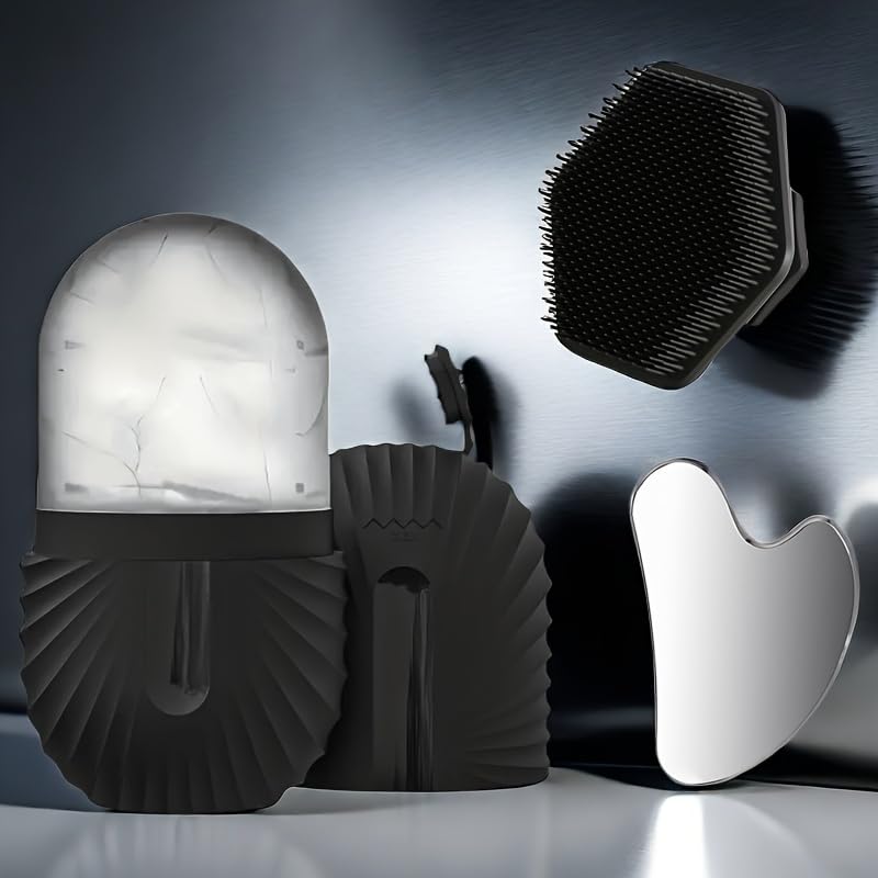 3 Pcs Facial Care Massage Set, Including Ice Face Mask Mold, Silicone Cleansing Massage Brush, and a Stainless Steel Gua S...