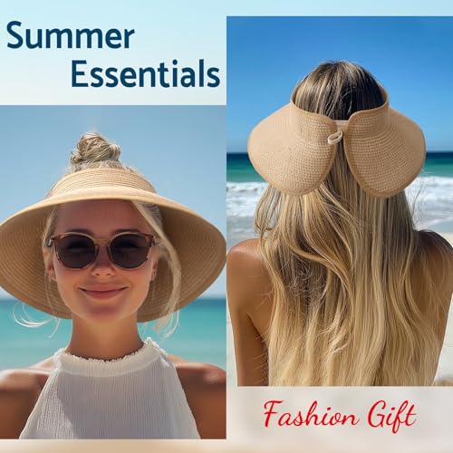 NPJY Sun Hats for Women Wide Brim Roll-Up Beach Ponytail Hat Packable Foldable Travel Straw Visor