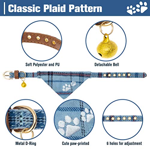 EXPAWLORER Puppy Collar and Leash Set - Embroidery Pawprints Plaid Dog Collar with Bow Tie and Bandana, Cute Collar and Le...