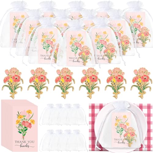 Remuuly 25 Sets Thank You Gift for Women Pink Flower Brooch Pins Bulk with Card Bags Appreciation Gift for Coworker Teache...