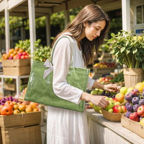 Lushandy PVC Tote Bag for Women, Large Plastic Tote Purse Work Kraft Paper Letter Print Shoulder Bag Carry All Hobo Handbag