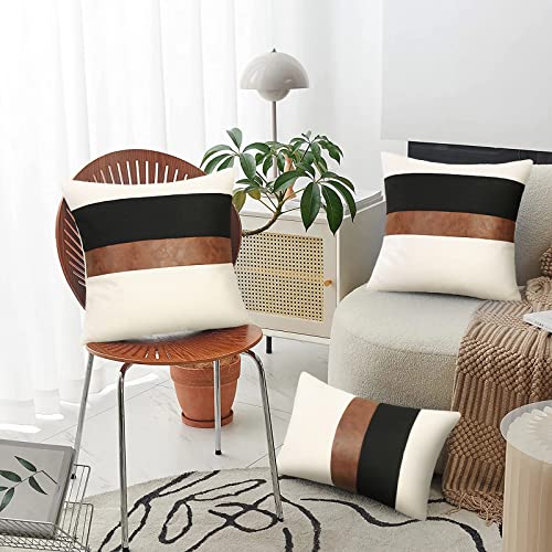 Merrycolor Pack of 2 Thick Black Linen Farmhouse Lumbar Throw Pillow Cover Black Brown Decorative Linen Faux Leather Ticki...