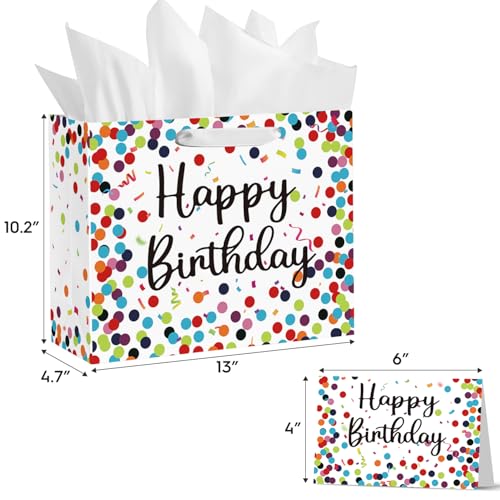 Horaldaily 13" Large Birthday Gift Paper Bags with Tissue Paper and Card, Happy Birthday Dots Streamers Gift Paper Bag for...