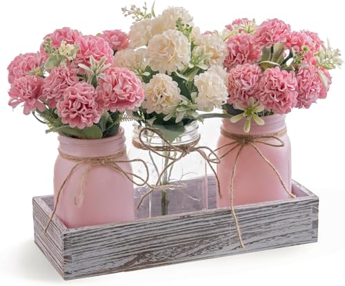 LUEUR 3PCS Artificial Hydrangea Flowers in Mason Jars with Wood Tray for Dining Table Coffee Table Farmhouse Home Decor Ce...