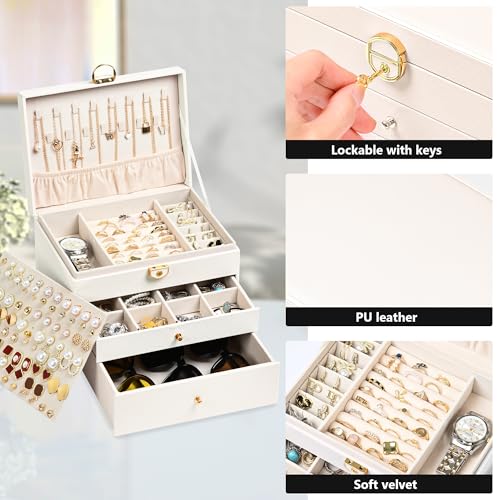 GALHUBIS Jewelry Box, 3 Layers Leather Jewelry Storage Display Box for Women, Gift Case, 2 Drawers, Large Capacity for Nec...