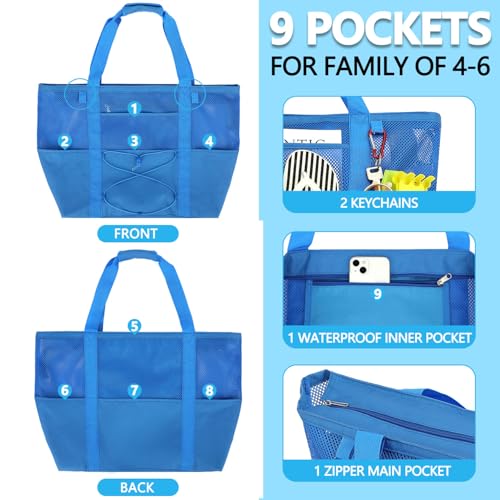 Fammart Mesh Beach Bag for Women, Large Beach Toy Pool Bag with Zipper Pocket, SandProof Cruise Essentials 2026 Family Travel