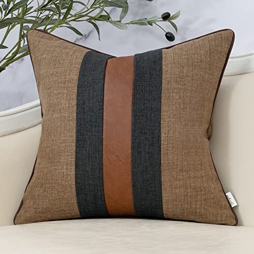 Yangest Patchwork Pillow Cover 18x18 Inch Luxury Cotton and Linen Cushion Cover Faux Leather Pillowcover for Couch Bedroom...