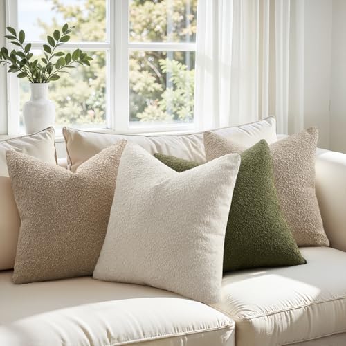 Topfinel Green Boucle Pillow Covers with Linen Cotton Accent Back Contrast Color Neutral Green Modern Earth-Tone Decorativ...