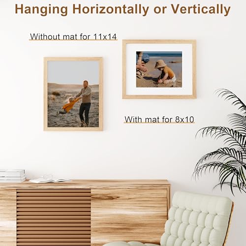 Vittanly 11x14 Picture Frame, Solid Wood Frame with Plexiglass, Includes 8x10 Mat, Wall Hanging for Home Decor, Natural, 1...