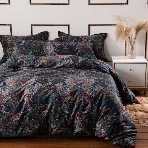 ABREEZE Luxury Vintage Black Duvet Cover Sets Damask Paisley Bedding Set Retro 100% Brushed Cotton Zipper Closure Bedding ...