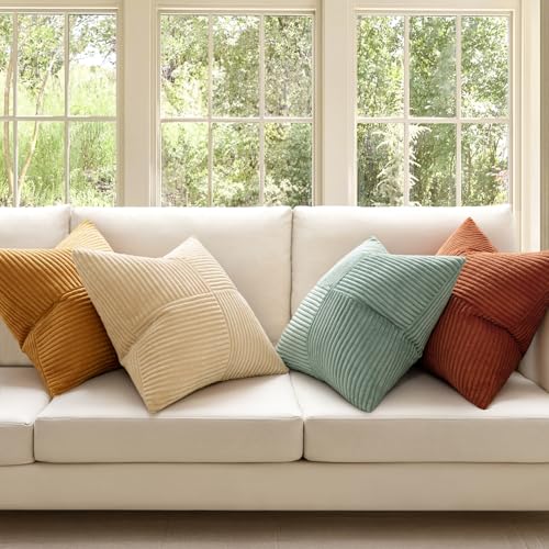 MIULEE Teal Orange Decorative Throw Pillow Covers 18x18 Inch Set of 4 Boho Corduroy Striped Cushion Cases Modern Farmhouse...