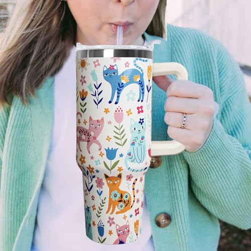 Ceovfoi 40 Oz Cat Tumbler With Handle, Coffee Travel Mug Cup Water Bottle, Cat Decor, Gifts for Women