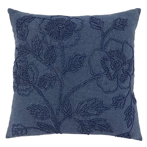 SARO LIFESTYLE Genevieve Collection Stone Washed Floral Pillow Cover, 20", Denim