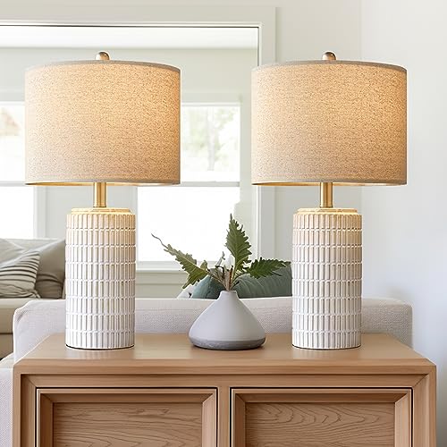 PoKat 23" Modern Ceramic Table Lamp Set of 2 for Living Room White Desk Lamps for Bedroom Farmhouse Bedside Nightstand Lam...