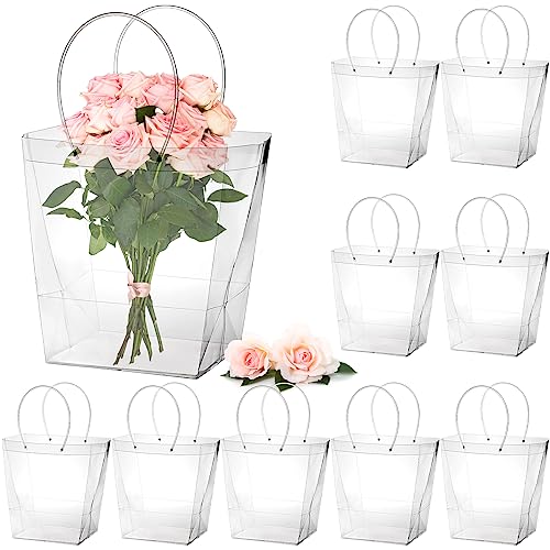 SOUJOY 10 Pack Clear Flower Bouquet Bags, Extra Large Gift Bags with Long Handles, 13''L x 8.2''W x 13.8''H Party Floral P...