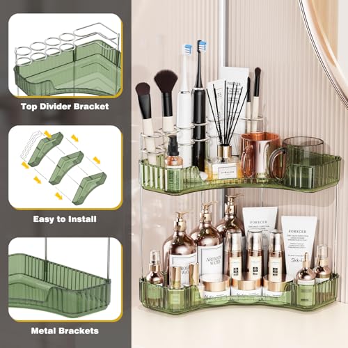 Asayuee 2-Tier Corner Bathroom Counter Organizer with Top Toothbrush Holders,Large Makeup Organizer Countertop with Brush ...