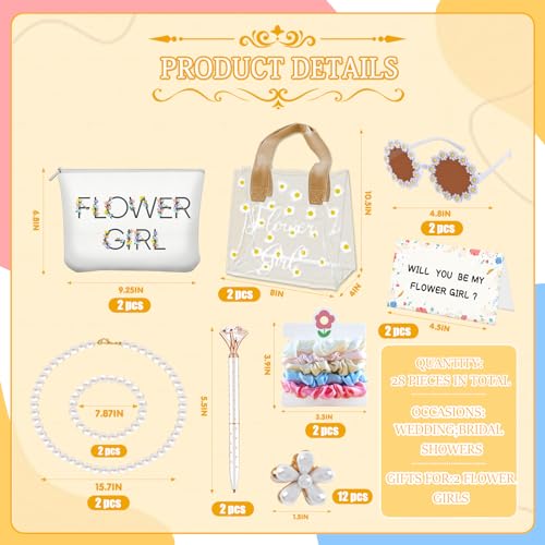 28Pcs Flower Girl Proposal Gift Set - 2 Bags Including Round Flower Sunglasses, Canvas Bag, Pearl Necklace, Bracelet, Hair...