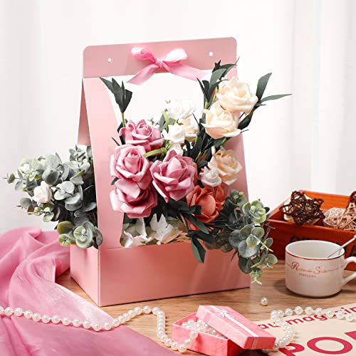 Teling 12 Pcs Mother's Day Flower Boxes for Arrangements Paper Pink Flower Gift Bags for Bouquets Portable Waterproof Flor...