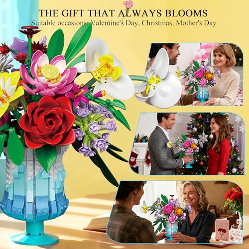 Mavo brix Flower Building Set with Vase, Artificial Botanical Flower Set for Adults Women, Home Décor Display, Romantic Gi...
