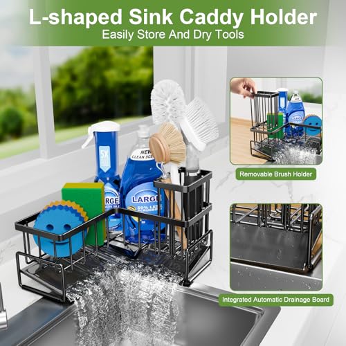 Fikoksol Large Sponge Holder for Kitchen Sink, 90-Degree Sink Caddy Organizer with Dish Brush Holder for Countertop Corner...