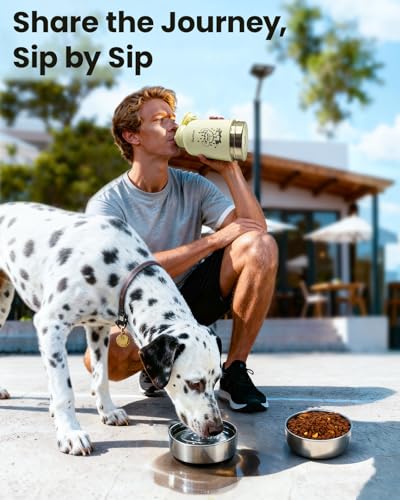 Pawccoli 34oz Dog Water Bottle, Stainless Steel Dog Water Bottle Dispenser with Detachable Food & Water Bowls, Keeps Water...