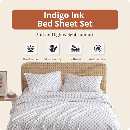 Indigo Ink - Queen Size Sheet Set, 4-Piece Boho Medallion Patterned Bedding, Soft & Wrinkle Resistant (Panther Collection,...