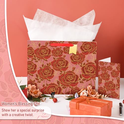 Bloomwords 13" Mother's Day Bags with Card Tissue(Rose Flower) - Birthdays, Valentine’s, Weddings, Anniversaries, Kit incl...