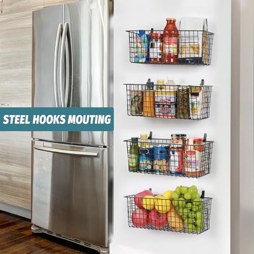 4 Set [EXTRA LARGE] Hanging Wall Mount Storage Baskets with Adhesive Hooks & Steel Hooks, Multiuse Sturdy Wire Metal Organ...