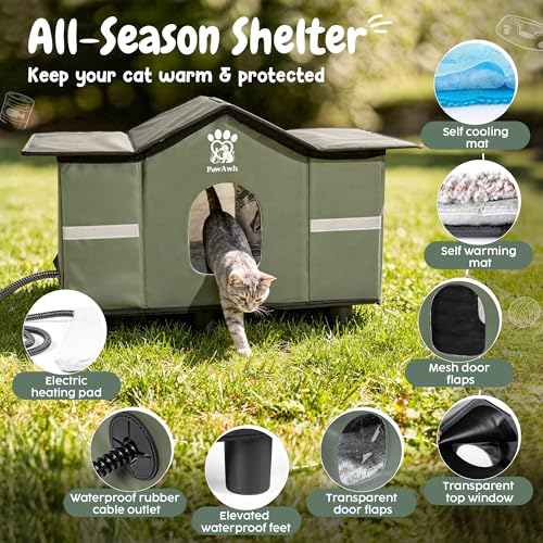 PAWAWH Insulated Heated Outdoor Cat House with Self Warming & Self Cooling Mat – Waterproof Stray & Feral Shelter with Bre...