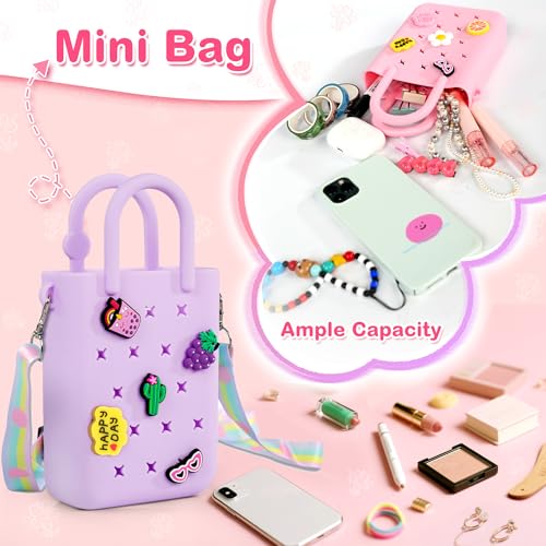 Oudizz Mini Rubber Tote Bag, Silicone Beach Tote for Little Girl & Woman, Cute Bag with 20 Charms & Adjustable Shoulder Strap