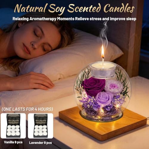 ENERLEAF Preserved Purple Real Rose in Glass with Scented Candles – Forever Flower Romantic Anniversary Christmas Birthday...