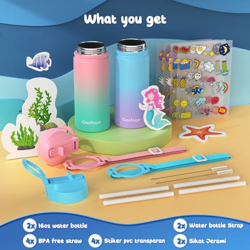 Kids Water Bottle, 2-Pack 16oz Kids Water Bottle with Stickers for School, insulated Stainless Steel Straw Cup(Pink+Blue)
