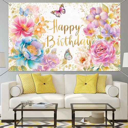 Mocsicka Floral Happy Birthday Banner Pink Flowers Butterfly Spring Party Decorations for Women Girls Photography Backgrou...