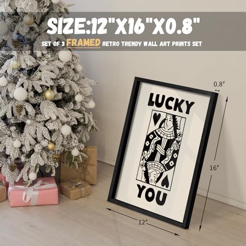 Heiple Framed Set of 3 Poker Wall Art Lucky You Poster, Trendy Retro Print Wall Decor for Queen of Hearts Wall Art Rustic ...
