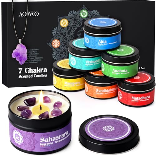 AOOVOO Chakra Candles with Healing Crystals - 7 Chakra Candle Set, Spiritual Gifts for Women, Aromatherapy Candle, Soy Can...