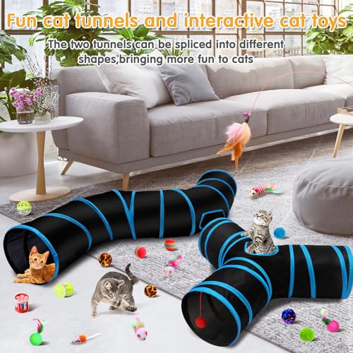 Poen 22pcs Cat Kitten Toys Set with 2 Collapsible Cat Tunnel and 20 Interactive Kitty Feather Toy, Fluffy Mouse, Crinkle B...