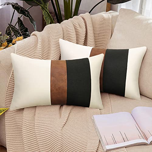 Merrycolor Pack of 2 Thick Black Linen Farmhouse Lumbar Throw Pillow Cover Black Brown Decorative Linen Faux Leather Ticki...