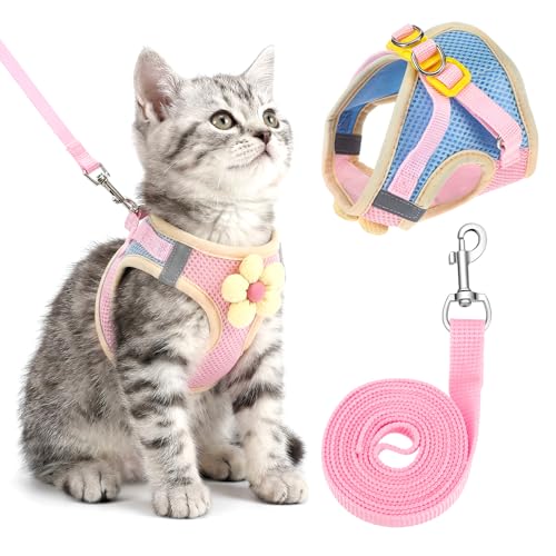 DOPENSPI Flower Cat Harness and Leash Set for Walking Escape Proof, 10.2-11.8in Neck Adjustable Kitten Harness and Leash S...