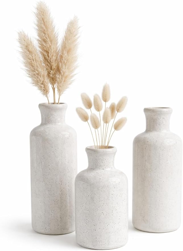 Sikkis Small White Speckled Ceramic Vase Set of 3, Decorative Modern Vases for Shelf, Table, Living Room, Dried Flowers