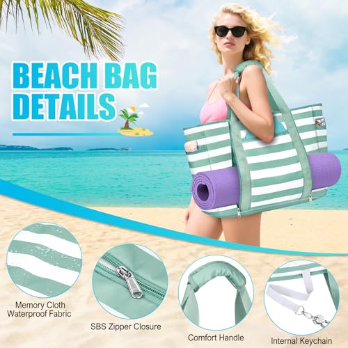 TEUEN Extra Large Beach Bags for Women, Waterproof Sandproof Beach Tote Bag Foldable Swim Pool Bag with Zipper and Wet Pocket