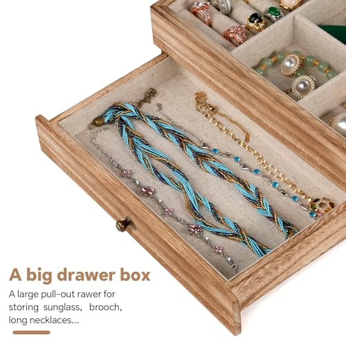 Meangood Jewelry Box Organizer for Women, 2 Layer Large Jewelry Storage Case, Rustic Wooden Jewelry Box with Mirror & Ring...