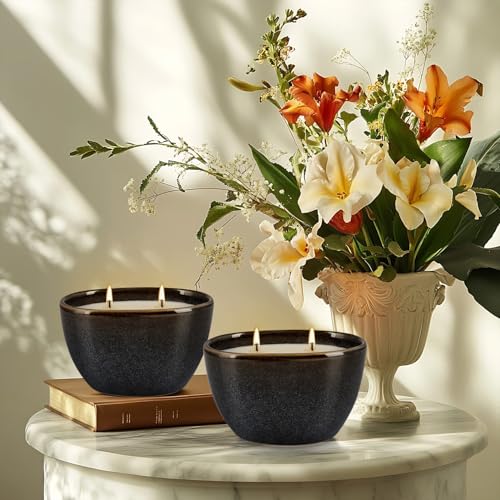 2-Pack Black Ceramic Citronella Scented Candles – Dual-Wick, All-Natural Wax, Decorative Geometric Design for Indoor/Outdo...