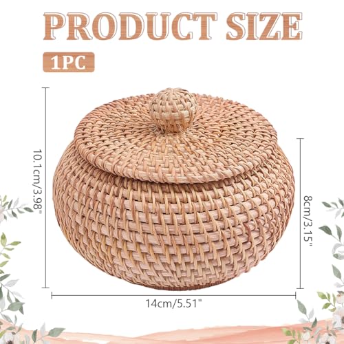 WADORN Round Rattan Storage Box with Lid, Handmade Woven Storage Basket Natural Multi-Purpose Wicker Rattan Basket Small D...