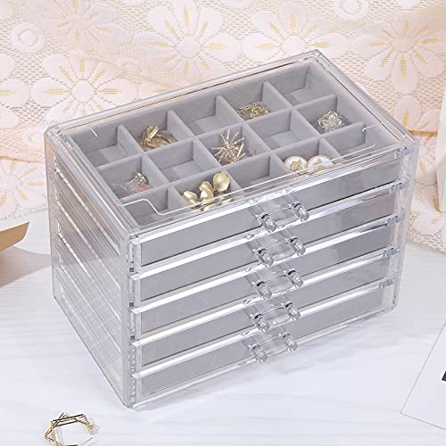misaya Earring Jewelry Organizer with 5 Drawers, Birthday Present, Clear Acrylic Jewelry Box for Women, Velvet Earring Dis...