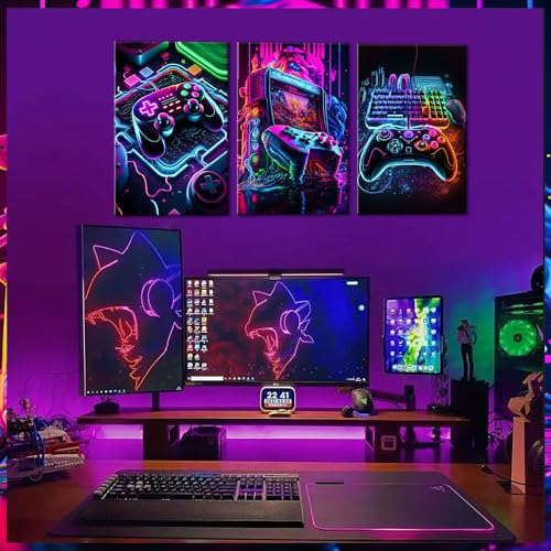 BGFCE Game Room Decor Posters Set of 3 - Neon Gaming Accessories Theme Canvas Wall Art, Gamer Console Paintings Picture Wa...