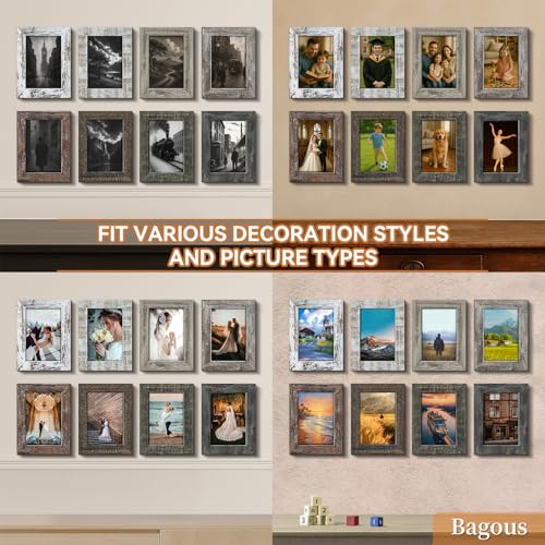 Bagous 4x6 Picture Frames Set of 8, Vintage Rustic Farmhouse Industrial Style Photo Frames, High Definition Real Glass, fo...