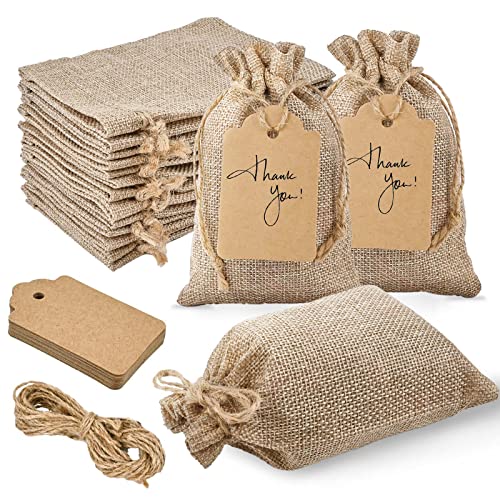 Jutieuo 25pcs Small Burlap Bags with Drawstring - 4x6 Inch Reusable Premium Linen Sacks Bags with Tag and String, Mini Gif...