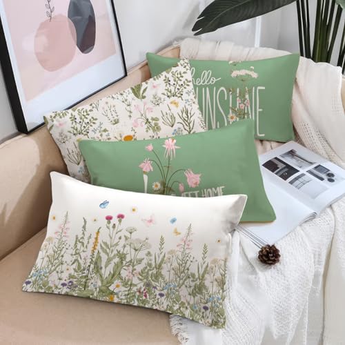 Miuyunya Spring Decorative Throw Pillow Covers Set of 4 Sage Green Couch Pillows Square Linen Wild Flower Plant Cushion Co...